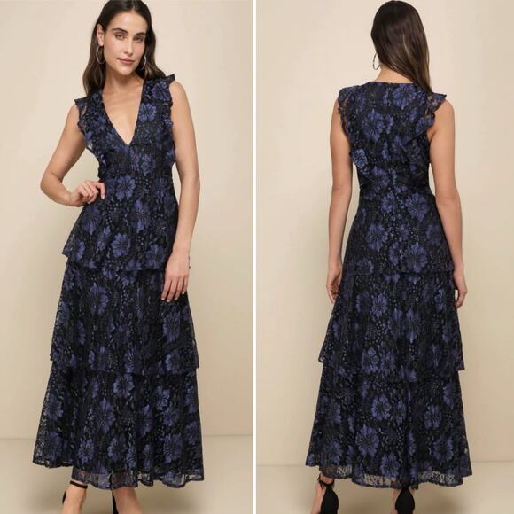 Lulu's Dresses & Skirts - Lulu's Lace Tiered Midi Dress Molinetto Ruffles
